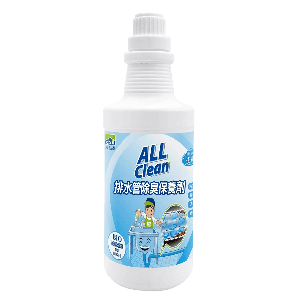 白色瓶裝產品的去背特寫圖。瓶身上有藍色標籤，印有「ALL Clean 排水管除臭保養劑」字樣，下方有一位卡通人物正在往水槽倒入藥劑的插圖，並顯示排水管內的生物酵素作用示意。瓶底標註「BIO 超級濃縮」與容量 946ml。