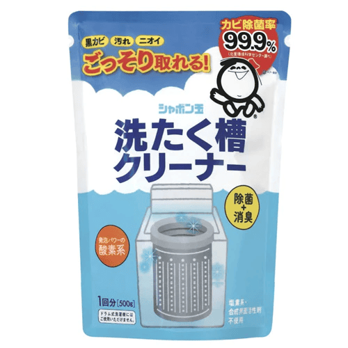 Shabondama (泡泡玉) 品牌的洗衣槽清潔劑包裝,藍白漸層底色,標註 99.9% 除菌率及酸素系發泡成分,外包裝有可愛的品牌圖像。