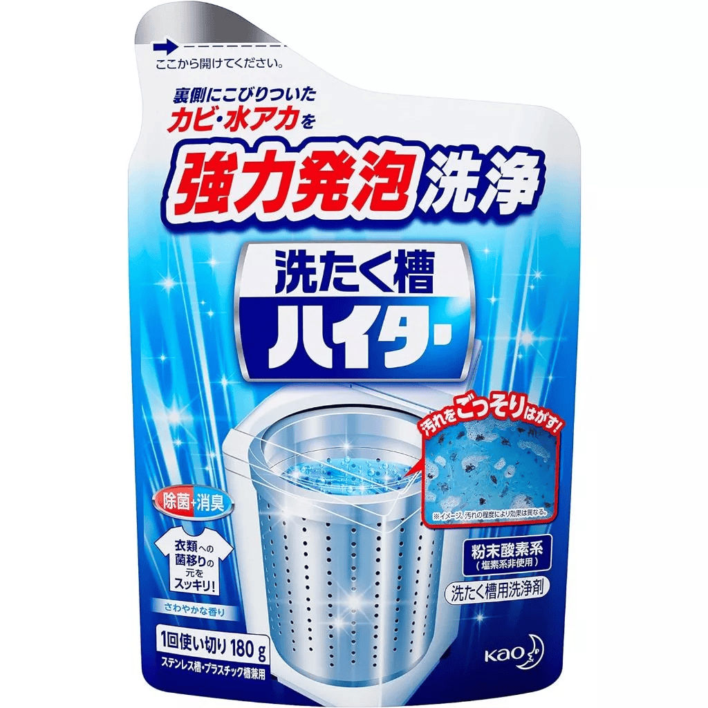 日本花王強力發泡洗衣槽清潔粉包裝,主視覺為深藍色,右方小圖示展示了清潔前後的殘渣剝落對比,標明 180g 一回分。