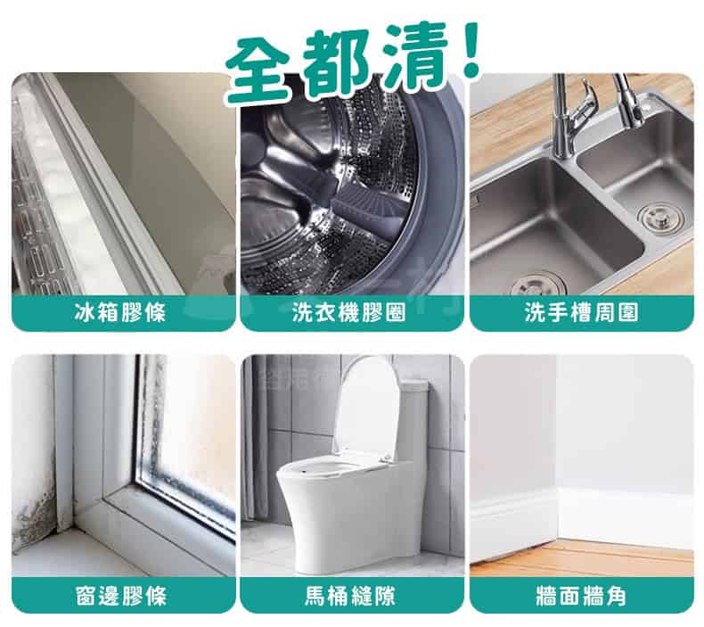 一組六宮格圖片，分別展示冰箱膠條、洗衣機膠圈、洗手槽周圍、窗邊膠條、馬桶縫隙及牆面牆角的清潔場景，上方有綠色大字「全都清！」。