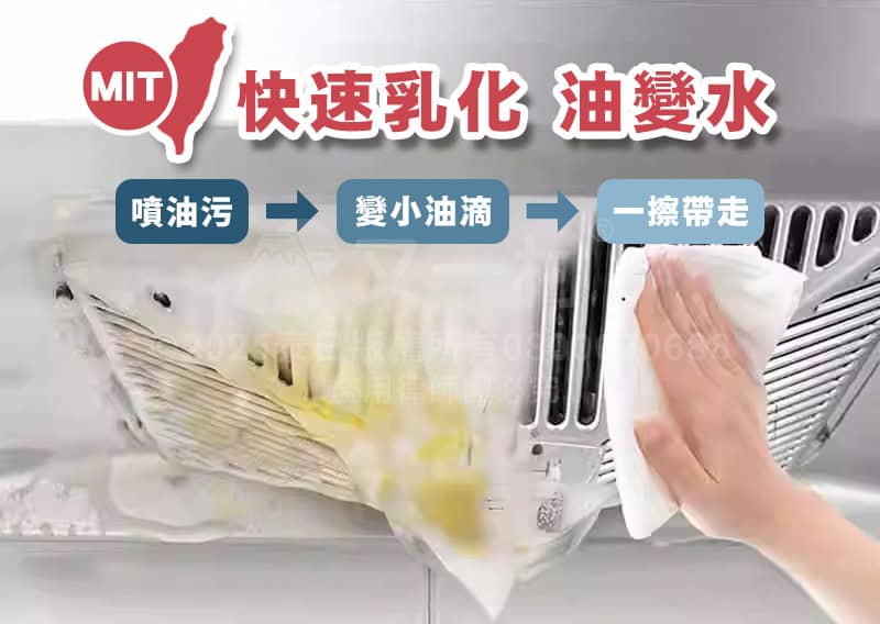 展示清潔原理的三步驟圖示：噴油污、變小油滴、一擦帶走。右側有一隻手拿著白色抹布正在擦拭已乳化、呈現水狀油漬的排油煙機葉片。
