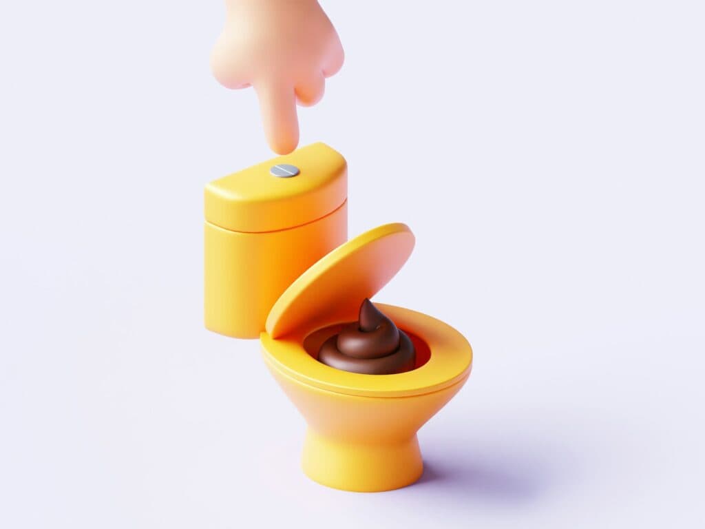 3D卡通風格的鮮黃色馬桶，馬桶蓋掀開，內部裝著一個象徵排泄物的深褐色圖示，上方有一隻手準備按下沖水鈕。