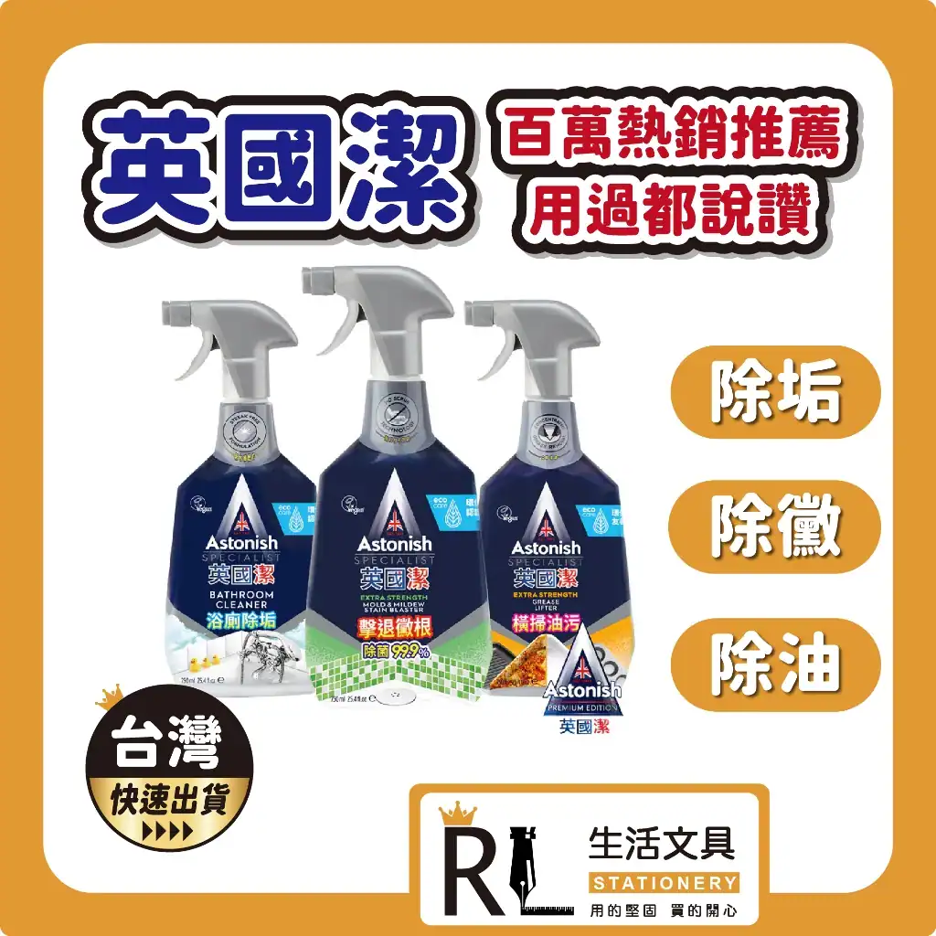 三瓶深藍色瓶身的清潔噴霧併排，分別針對浴廁除垢、除霉與廚房油污，上方標註「百萬熱銷推薦」與台灣快速出貨。