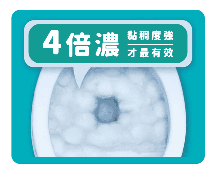 從上方拍攝馬桶內部的特寫，裡面裝滿厚實濃密的白色泡沫，圖片附有強調「4倍濃、黏稠度強」的藍綠色標語。